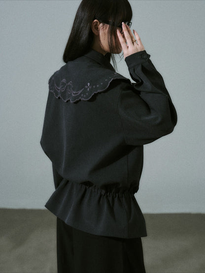 LOST FOREST - Deep Gray Embroidered Collar Lyocell-Wool Jacket