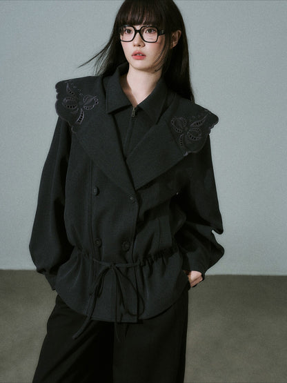 LOST FOREST - Deep Gray Embroidered Collar Lyocell-Wool Jacket