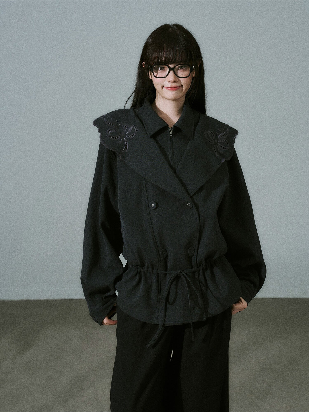 LOST FOREST - Deep Gray Embroidered Collar Lyocell-Wool Jacket
