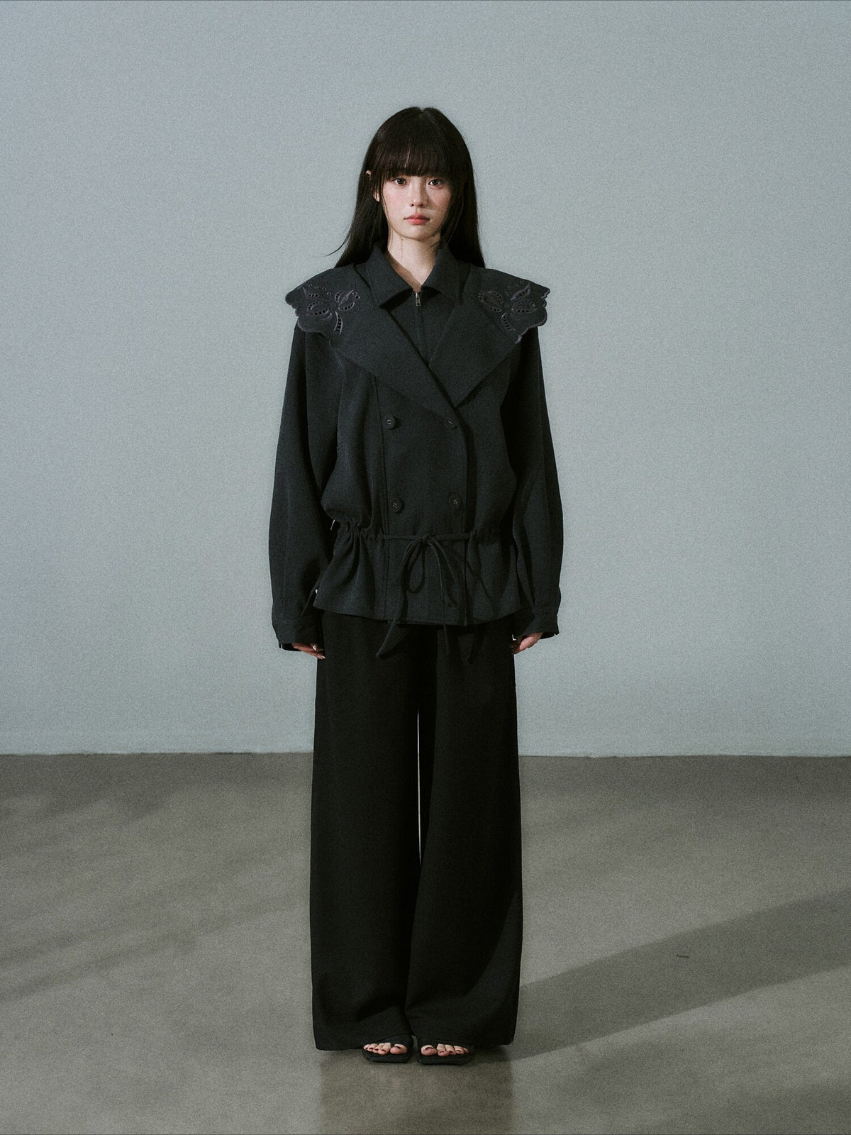 LOST FOREST - Deep Gray Embroidered Collar Lyocell-Wool Jacket