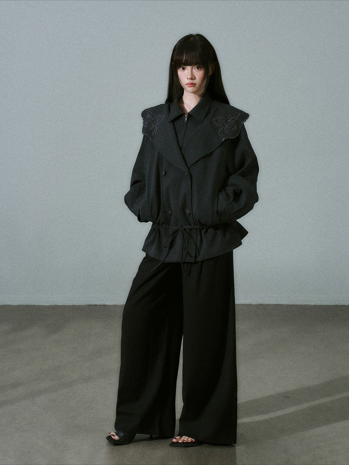 LOST FOREST - Deep Gray Embroidered Collar Lyocell-Wool Jacket