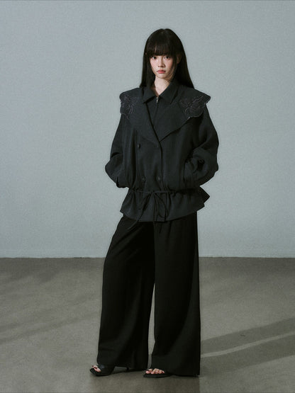 LOST FOREST - Deep Gray Embroidered Collar Lyocell-Wool Jacket