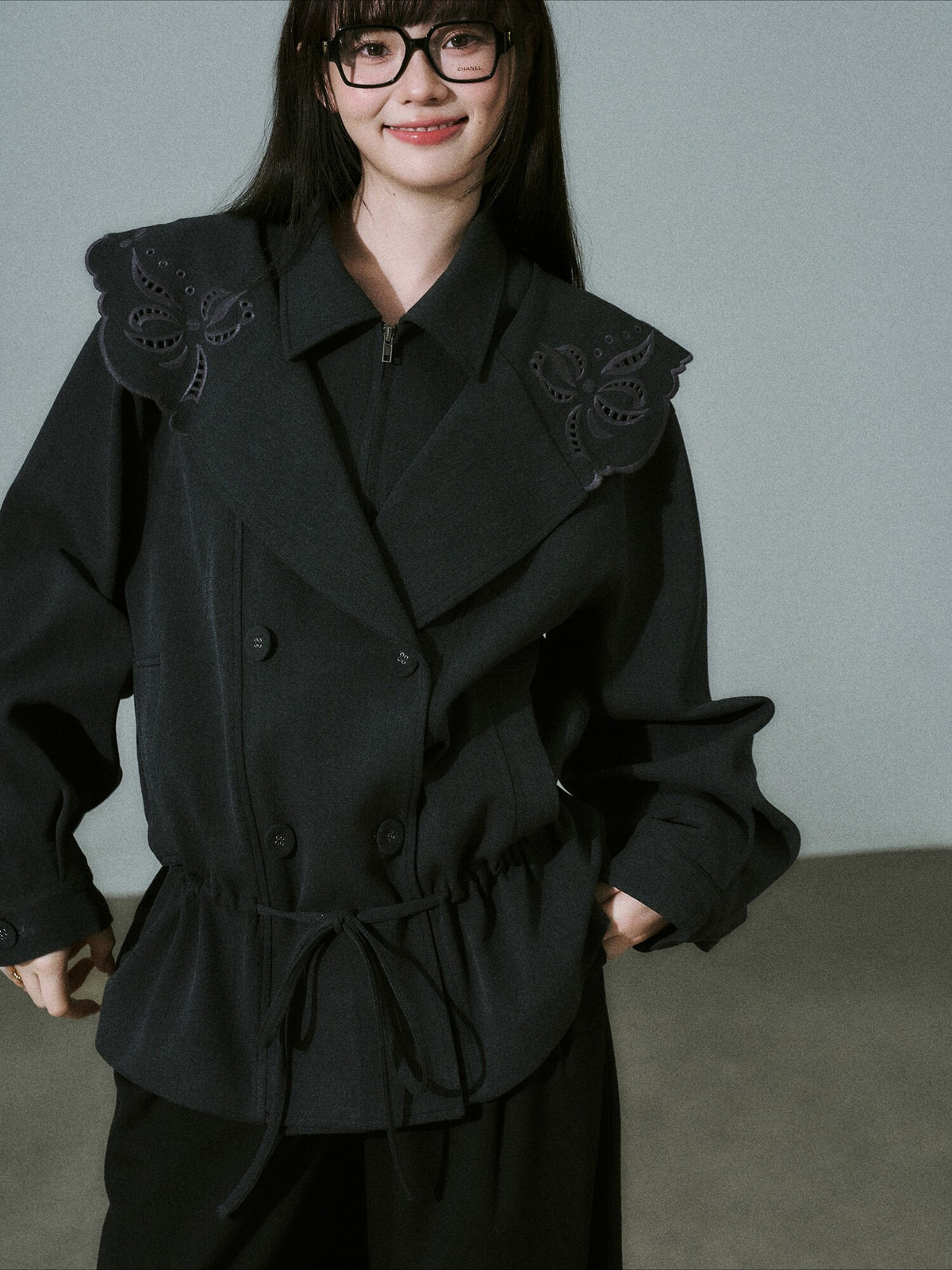 LOST FOREST - Deep Gray Embroidered Collar Lyocell-Wool Jacket