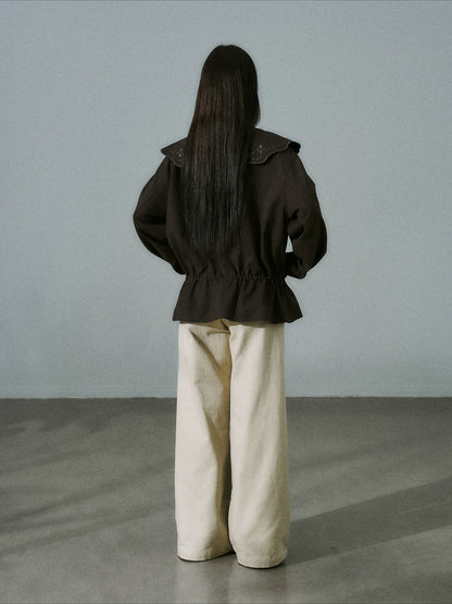 LOST FOREST - Deep Brown Embroidered Collar Lyocell-Wool Jacket