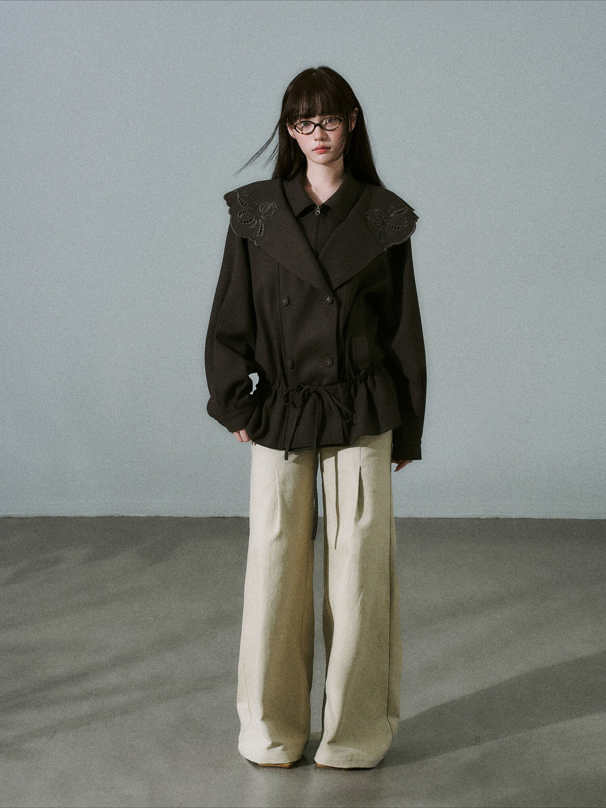 LOST FOREST - Deep Brown Embroidered Collar Lyocell-Wool Jacket