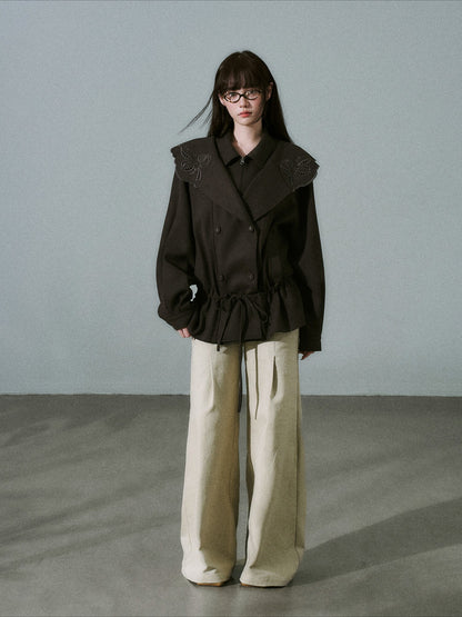 LOST FOREST - Deep Brown Embroidered Collar Lyocell-Wool Jacket