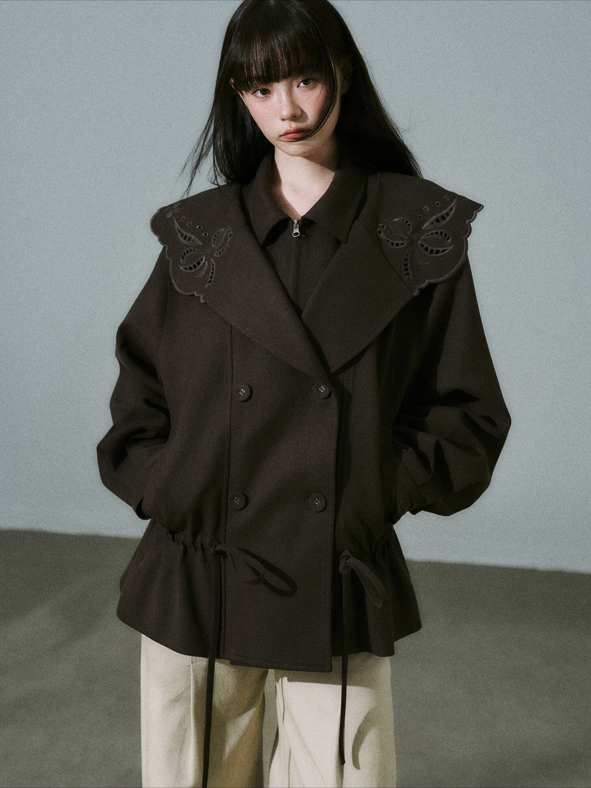 LOST FOREST - Deep Brown Embroidered Collar Lyocell-Wool Jacket