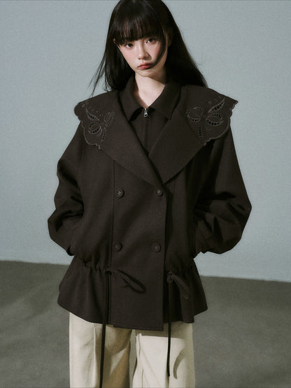LOST FOREST - Deep Brown Embroidered Collar Lyocell-Wool Jacket