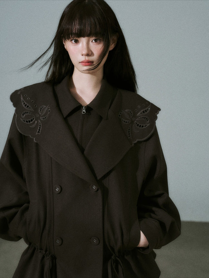 LOST FOREST - Deep Brown Embroidered Collar Lyocell-Wool Jacket