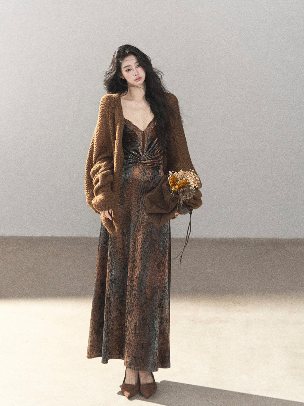 AOMALM - "Draped in Wild Wind" Cocoa Brown Leopard Flocked Bias-Cut Mermaid Maxi Dress (With Matching Hair Tie)