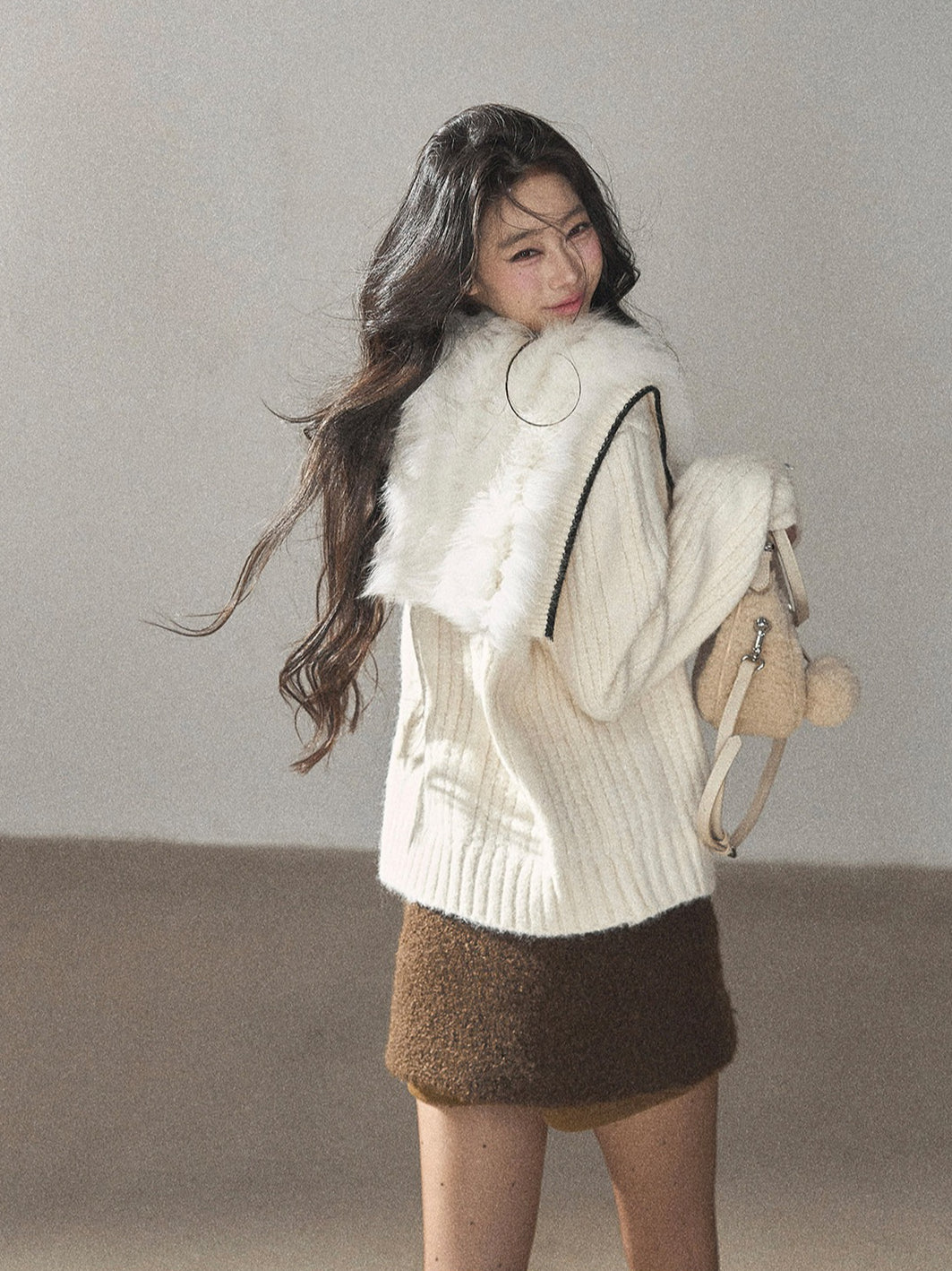 AOMALM - "Wrapped in the Evening Breeze" Milk Rice White Sailor-Collar Wool-Blend Knit Sweater
