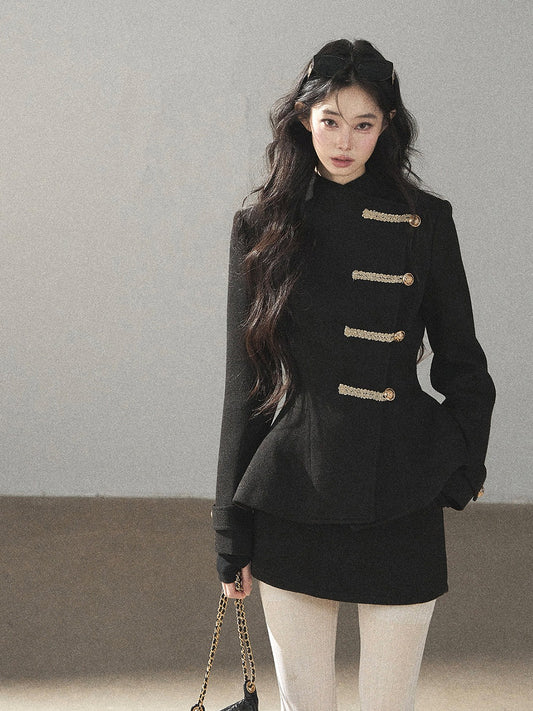 AOMALM - Quiet Black Fitted Fish-Tail Jacket & A-Line Skort Set
