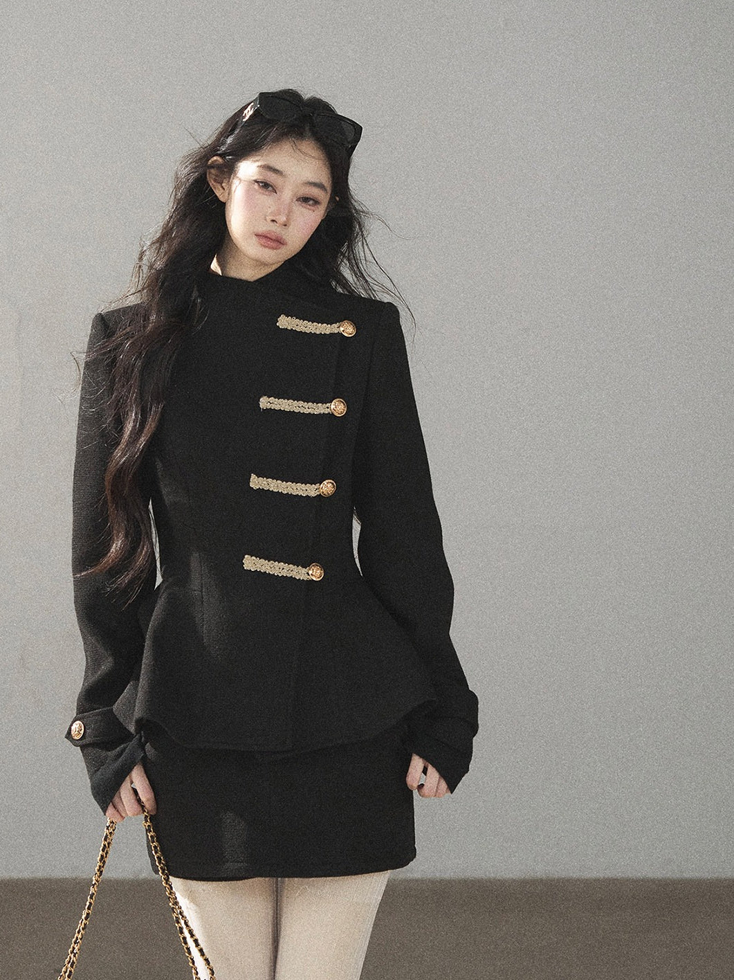 AOMALM - Quiet Black Fitted Fish-Tail Jacket & A-Line Skort Set