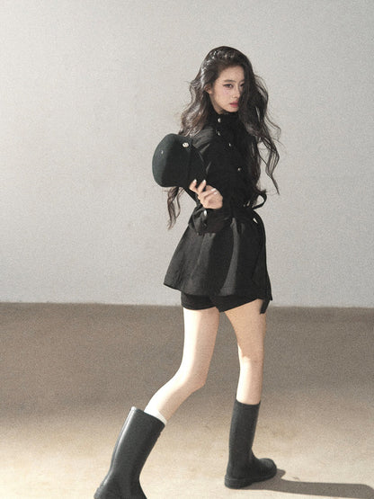 AOMALM - Black Faux-Suede Cropped A-Line Trench Coat with Belt