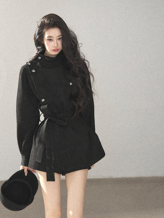AOMALM - Black Faux-Suede Cropped A-Line Trench Coat with Belt