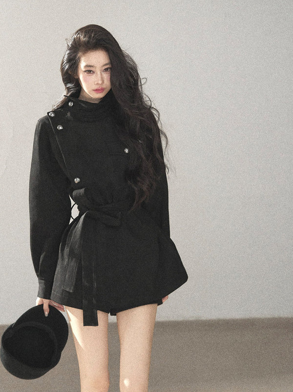 AOMALM - Black Faux-Suede Cropped A-Line Trench Coat with Belt