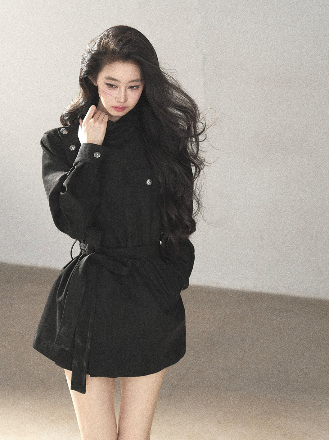 AOMALM - Black Faux-Suede Cropped A-Line Trench Coat with Belt