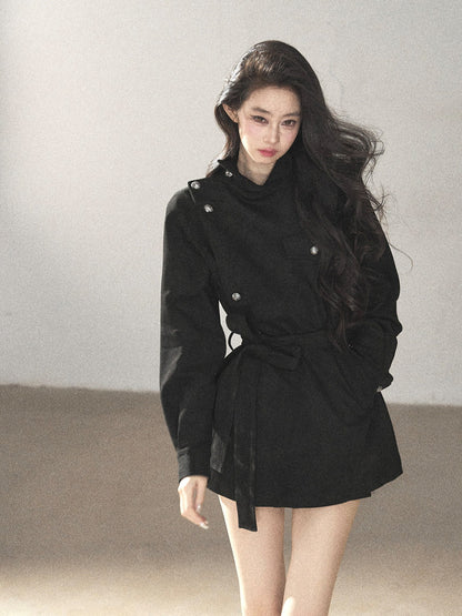 AOMALM - Black Faux-Suede Cropped A-Line Trench Coat with Belt