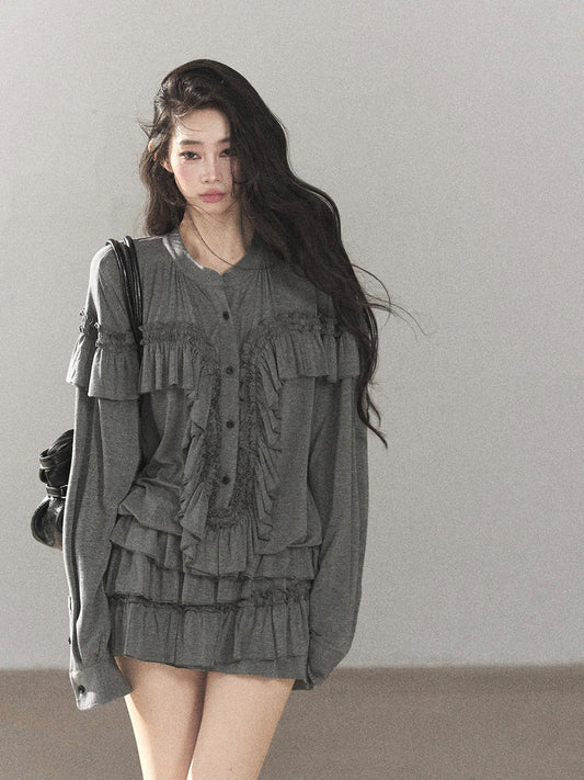 AOMALM - "Echoes in the Folds" Pearl Gray Relaxed Layered Mini Skort Set
