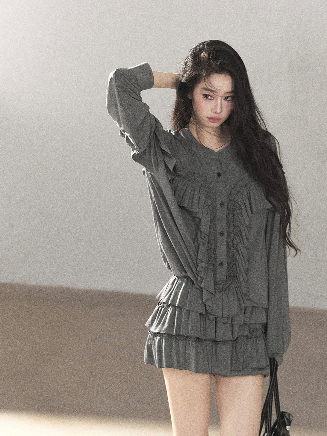 AOMALM - "Echoes in the Folds" Pearl Gray Relaxed Layered Mini Skort Set