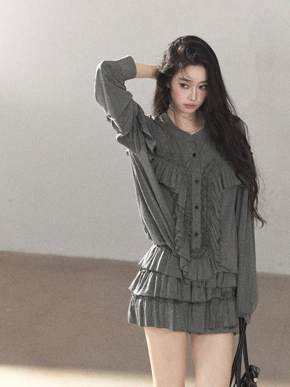AOMALM - "Echoes in the Folds" Pearl Gray Relaxed Layered Mini Skort Set