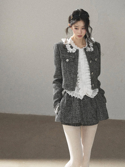 AOMALM - Black & Pearl White Tweed Jacket, Lace Blouse & Mini Skirt Set
