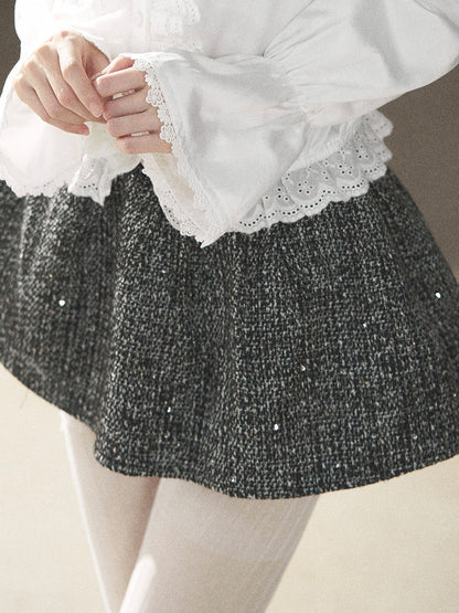 AOMALM - Black & Pearl White Tweed Jacket, Lace Blouse & Mini Skirt Set