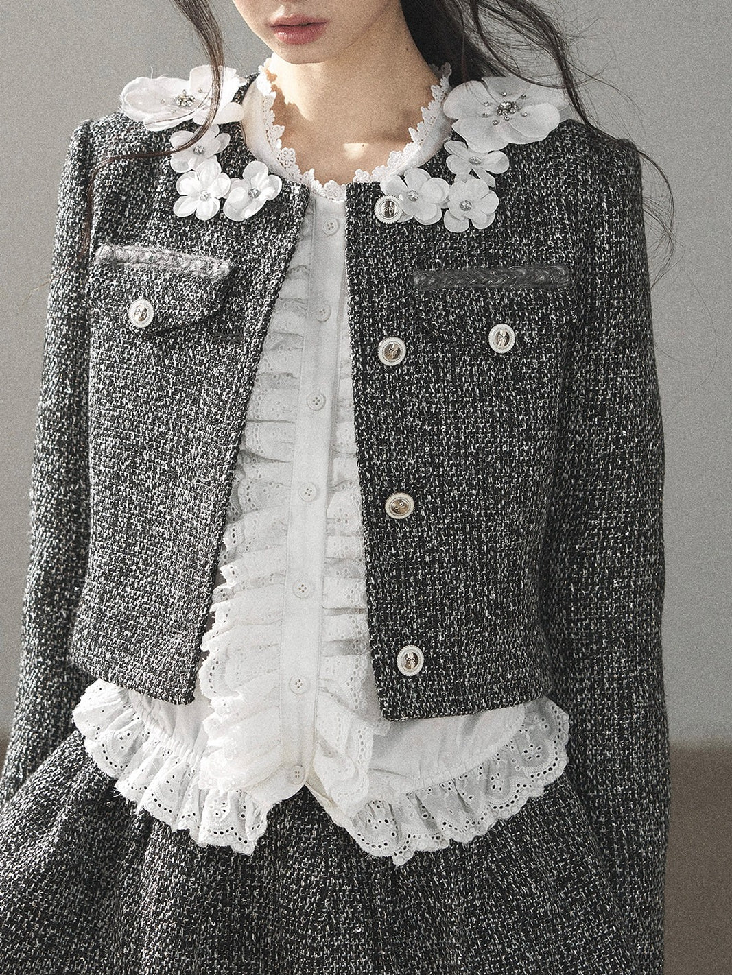 AOMALM - Black & Pearl White Tweed Jacket, Lace Blouse & Mini Skirt Set