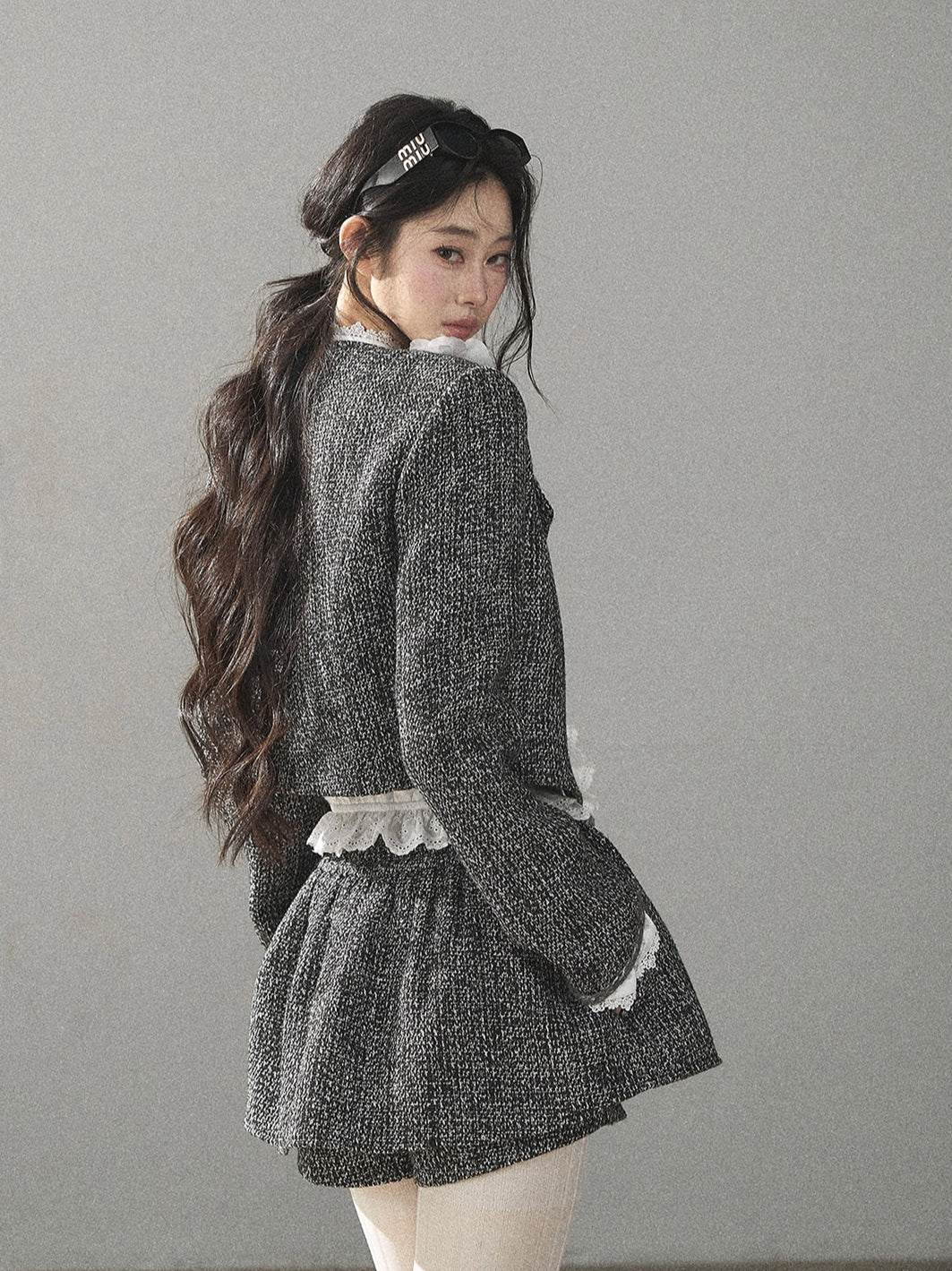 AOMALM - Black & Pearl White Tweed Jacket, Lace Blouse & Mini Skirt Set