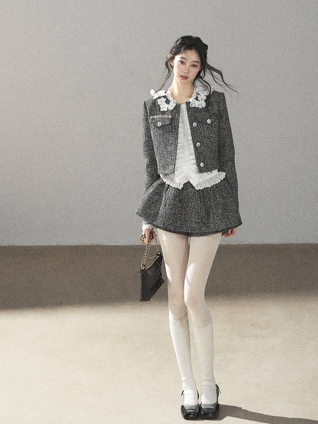 AOMALM - Black & Pearl White Tweed Jacket, Lace Blouse & Mini Skirt Set