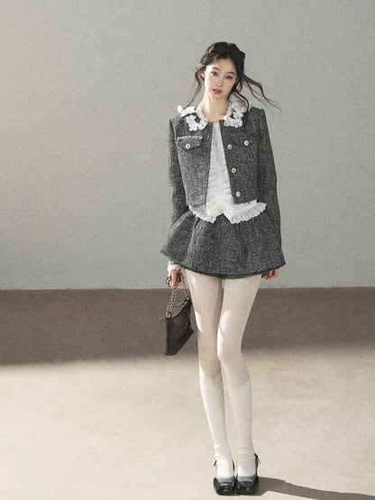 AOMALM - Black & Pearl White Tweed Jacket, Lace Blouse & Mini Skirt Set