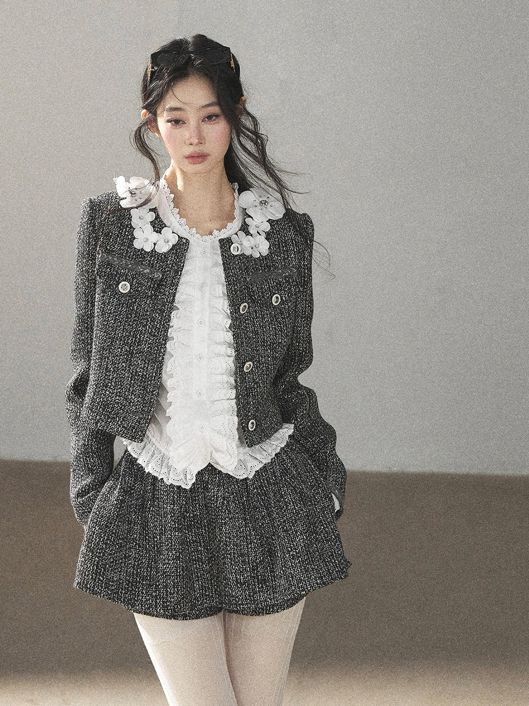 AOMALM - Black & Pearl White Tweed Jacket, Lace Blouse & Mini Skirt Set