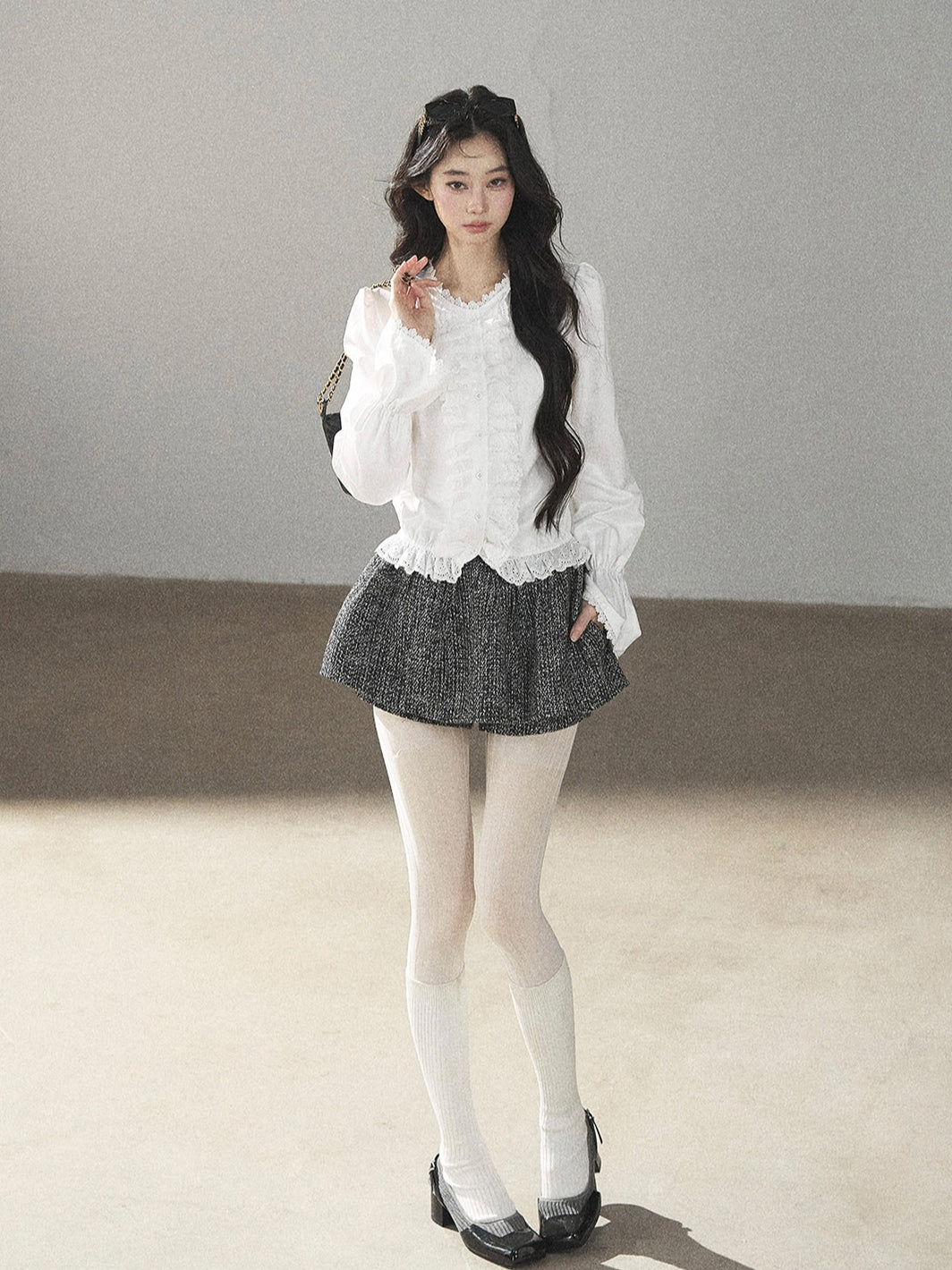 AOMALM - Black & Pearl White Tweed Jacket, Lace Blouse & Mini Skirt Set
