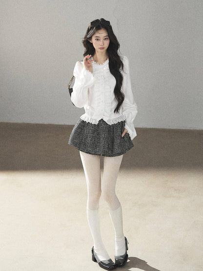 AOMALM - Black & Pearl White Tweed Jacket, Lace Blouse & Mini Skirt Set
