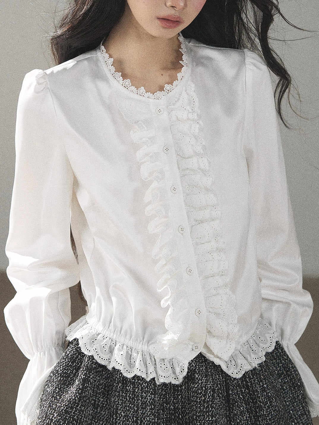 AOMALM - Black & Pearl White Tweed Jacket, Lace Blouse & Mini Skirt Set