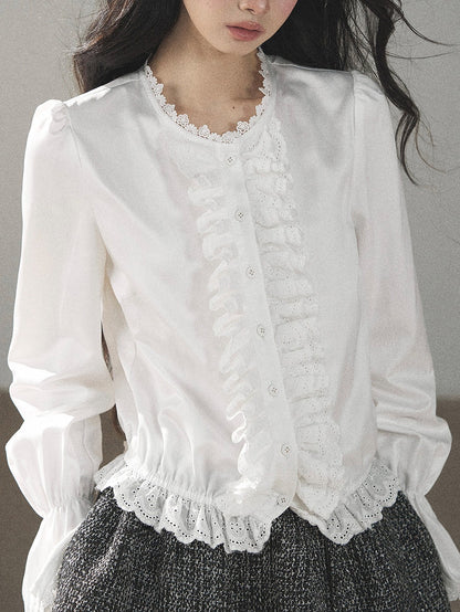 AOMALM - Black & Pearl White Tweed Jacket, Lace Blouse & Mini Skirt Set