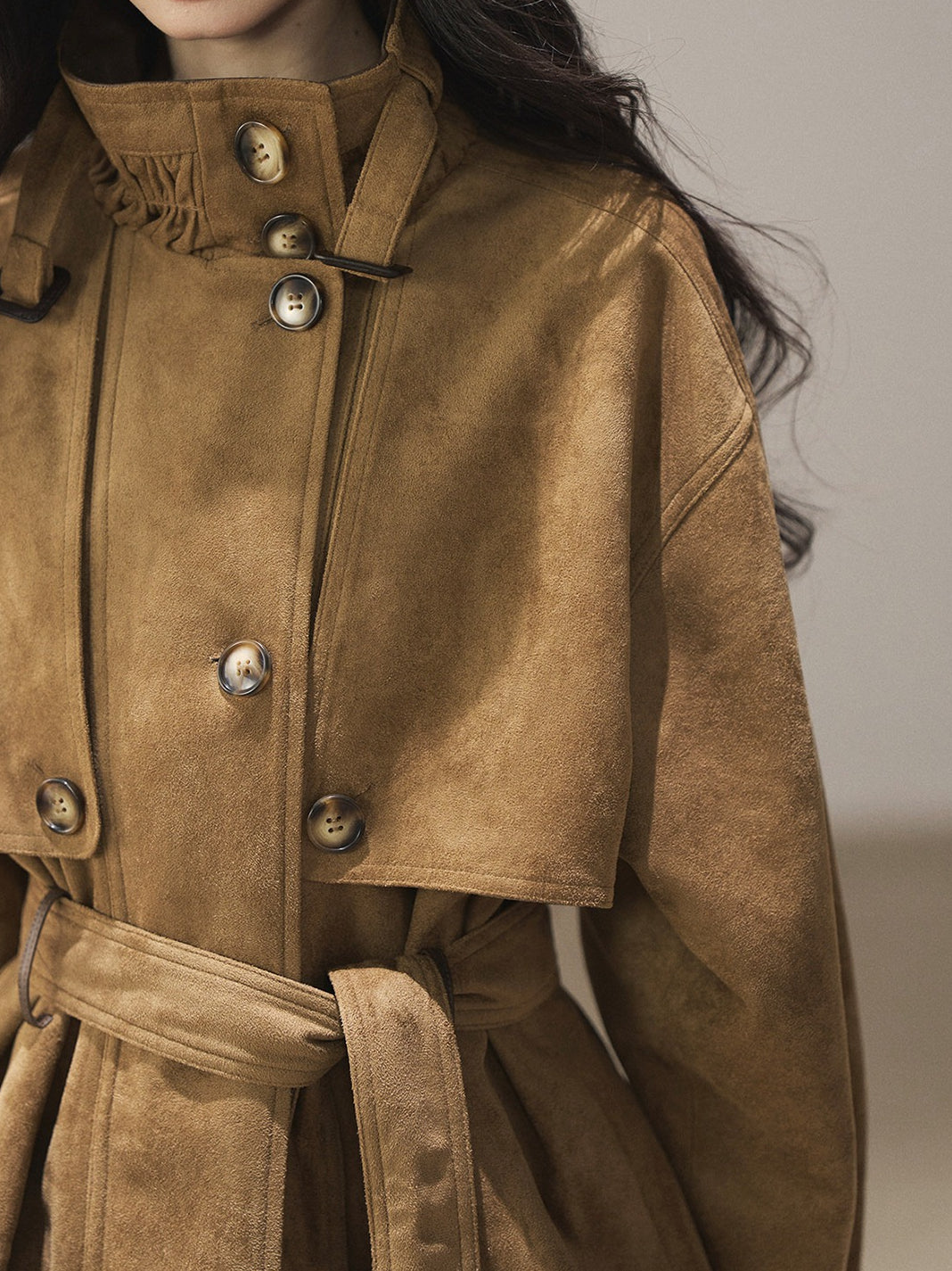 AOMALM - Chestnut Brown Faux-Suede Cropped Utility Coat with Belt