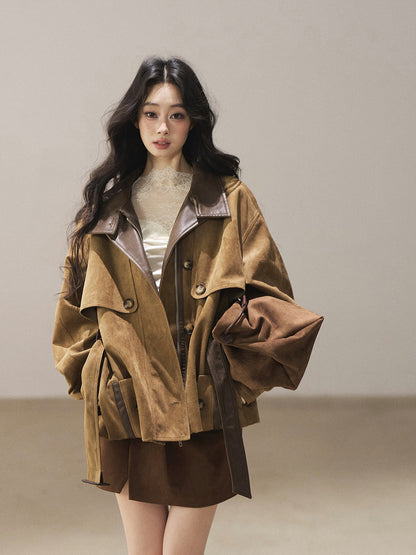 AOMALM - Chestnut Brown Faux-Suede Cropped Utility Coat with Belt