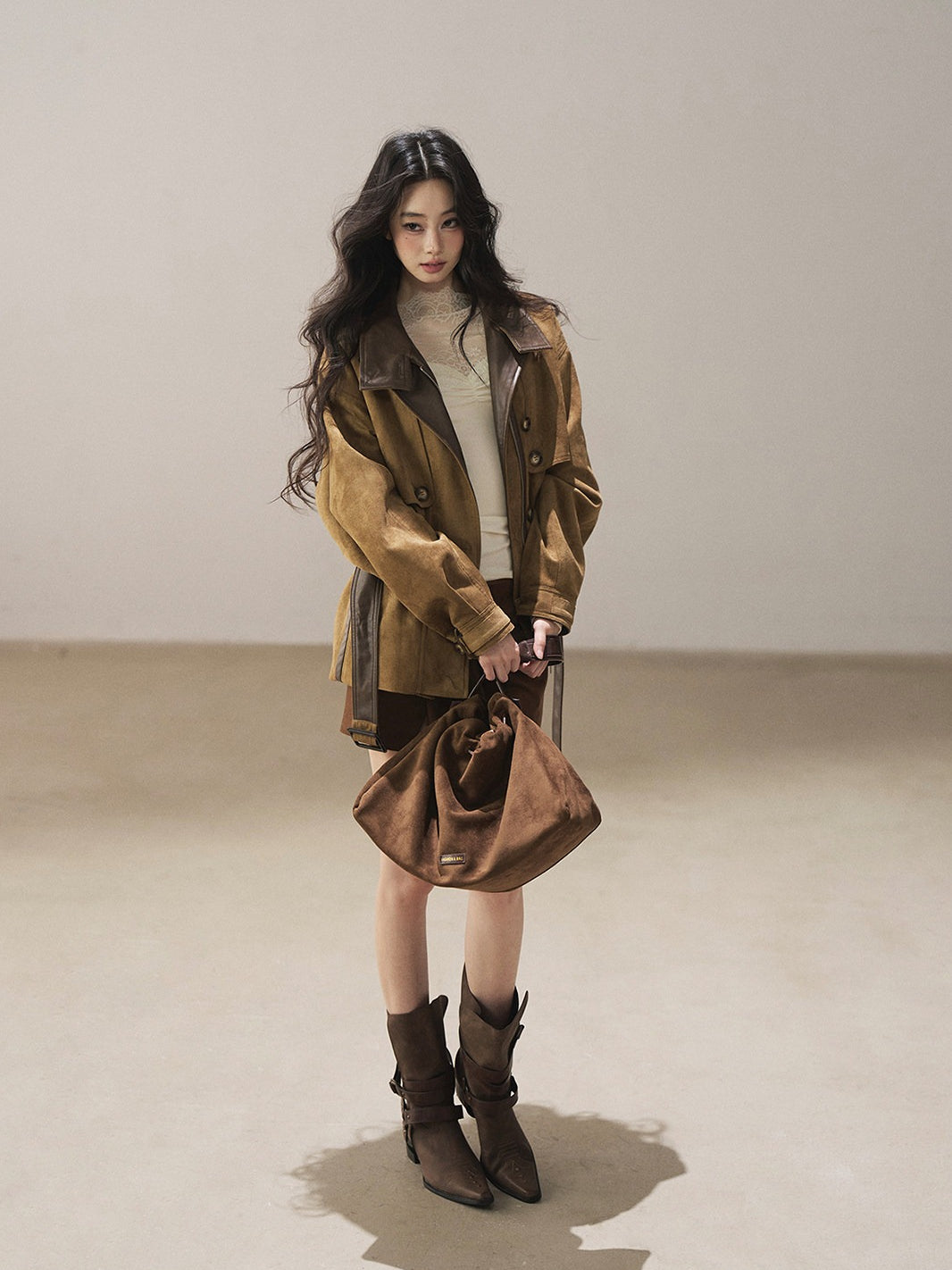AOMALM - Chestnut Brown Faux-Suede Cropped Utility Coat with Belt