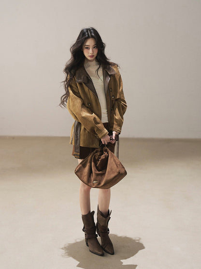 AOMALM - Chestnut Brown Faux-Suede Cropped Utility Coat with Belt