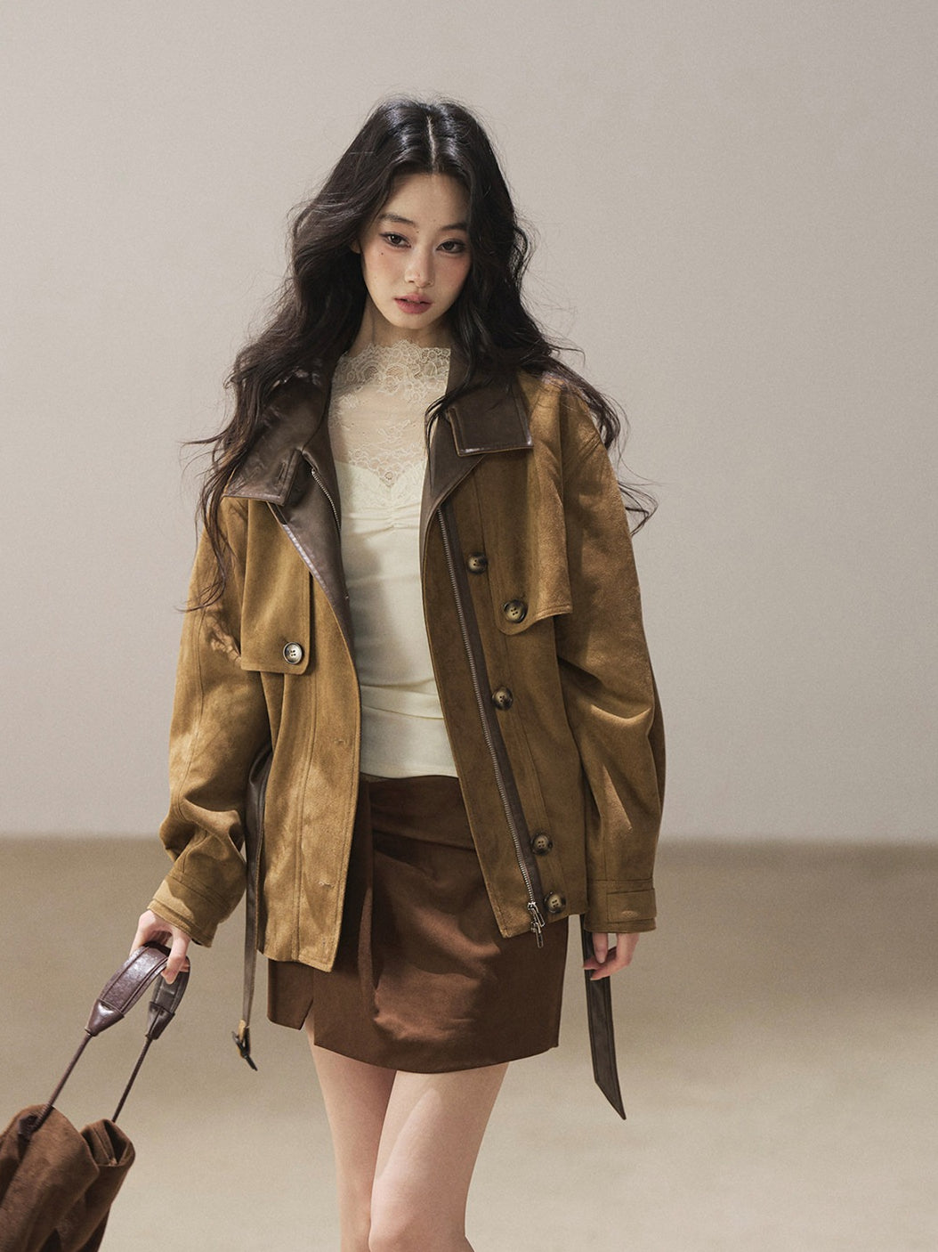 AOMALM - Chestnut Brown Faux-Suede Cropped Utility Coat with Belt