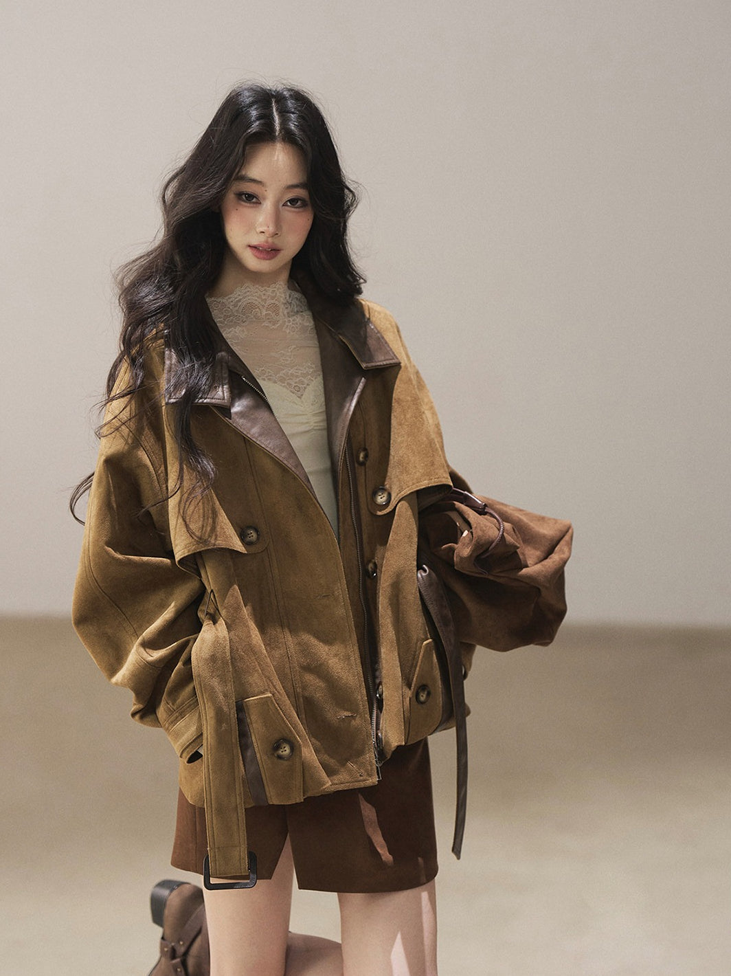 AOMALM - Chestnut Brown Faux-Suede Cropped Utility Coat with Belt