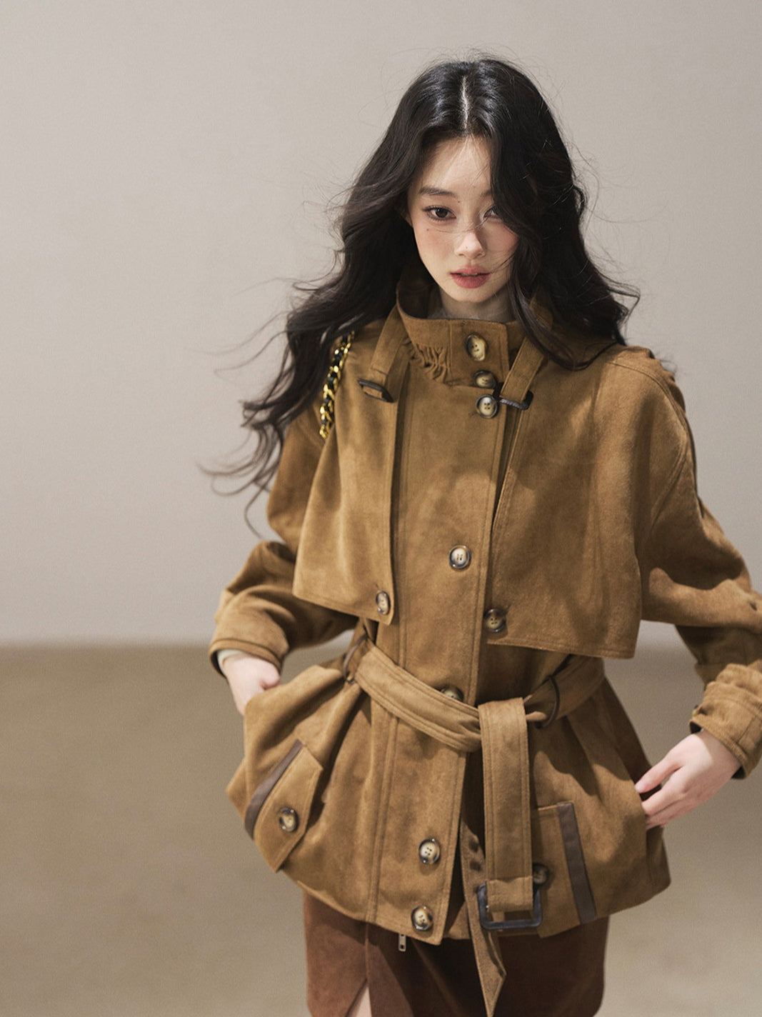 AOMALM - Chestnut Brown Faux-Suede Cropped Utility Coat with Belt