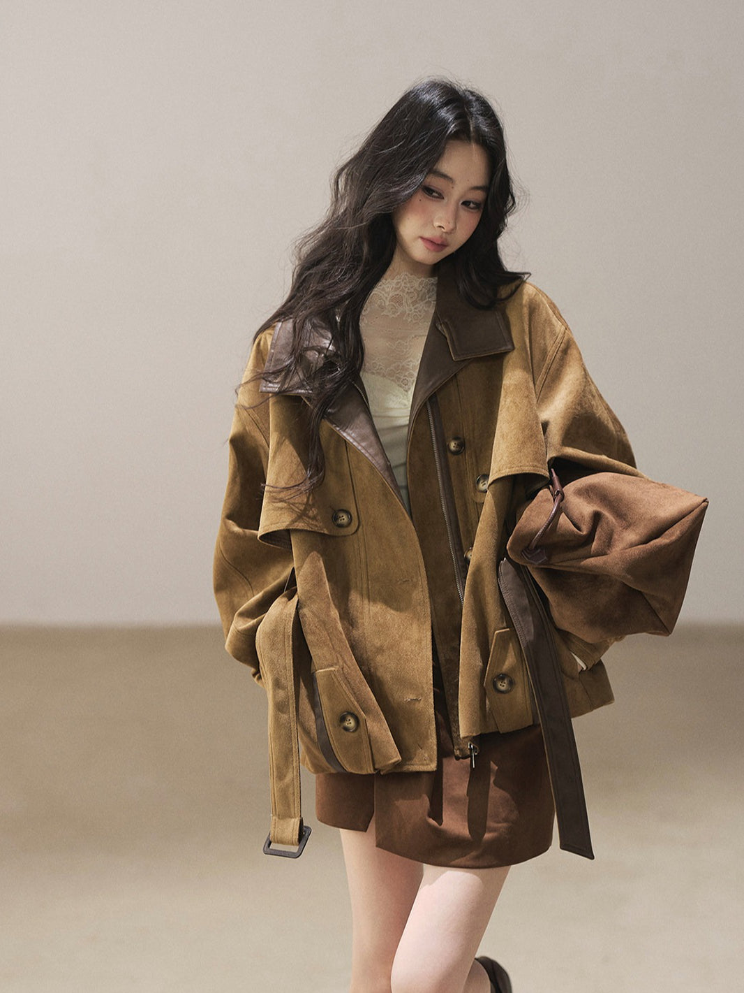 AOMALM - Chestnut Brown Faux-Suede Cropped Utility Coat with Belt