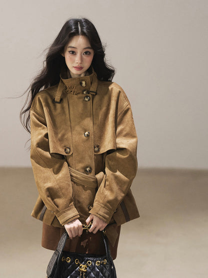AOMALM - Chestnut Brown Faux-Suede Cropped Utility Coat with Belt
