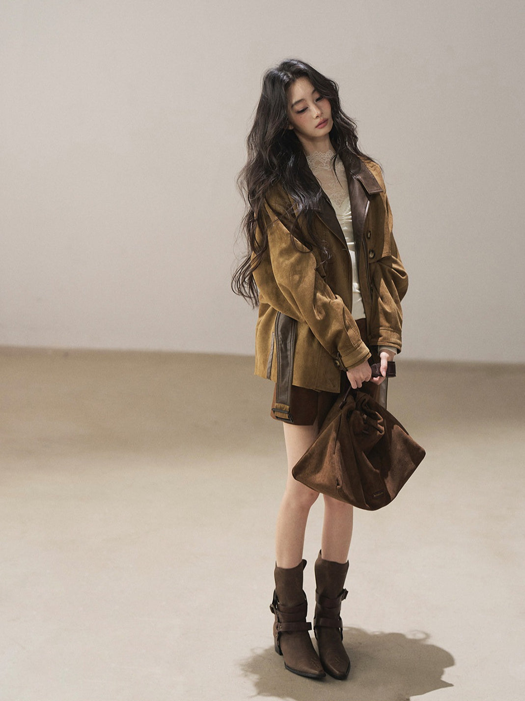 AOMALM - Chestnut Brown Faux-Suede Cropped Utility Coat with Belt