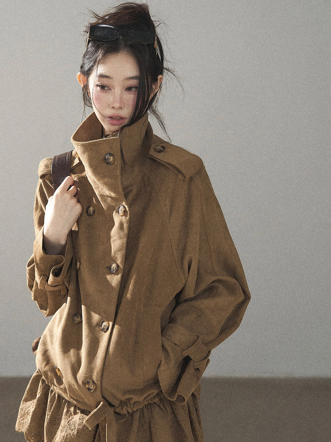 AOMALM - Sandstone Brown Faux-Suede Jacket & Lace-Trim Mini Skirt Set