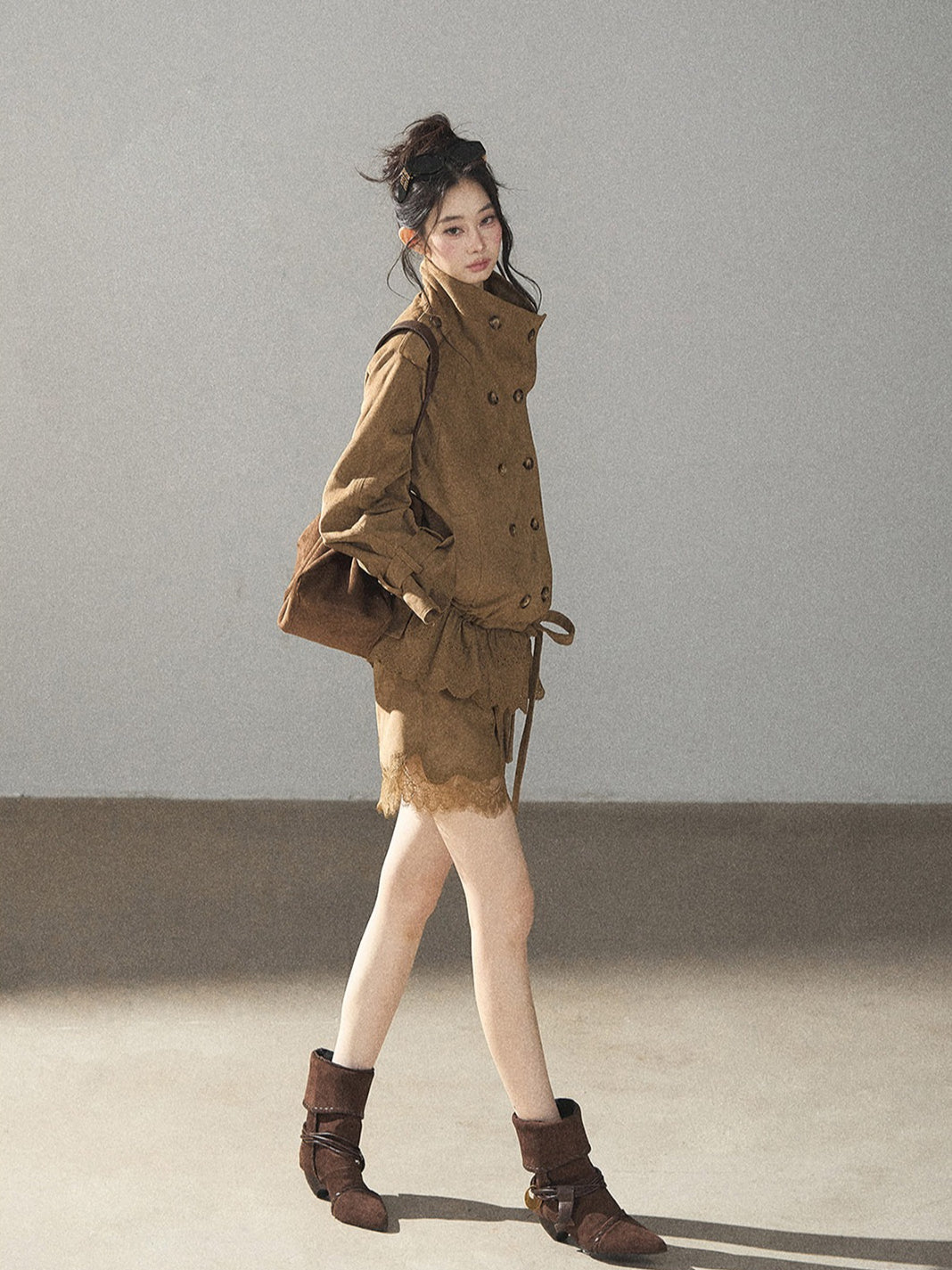 AOMALM - Sandstone Brown Faux-Suede Jacket & Lace-Trim Mini Skirt Set