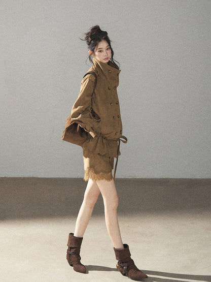 AOMALM - Sandstone Brown Faux-Suede Jacket & Lace-Trim Mini Skirt Set