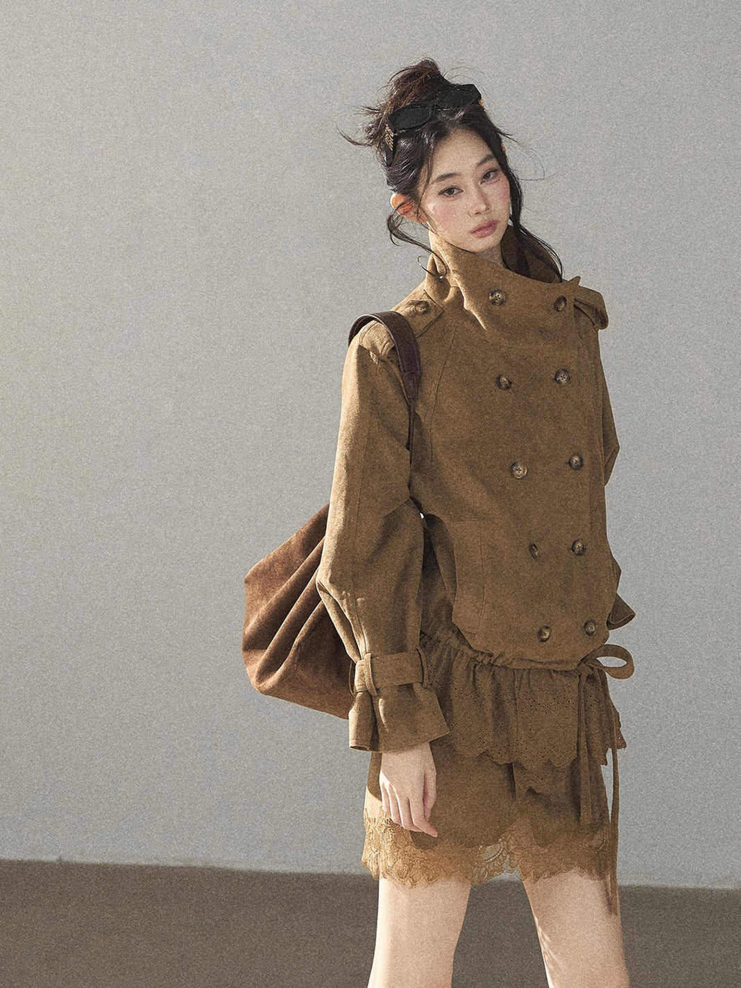 AOMALM - Sandstone Brown Faux-Suede Jacket & Lace-Trim Mini Skirt Set